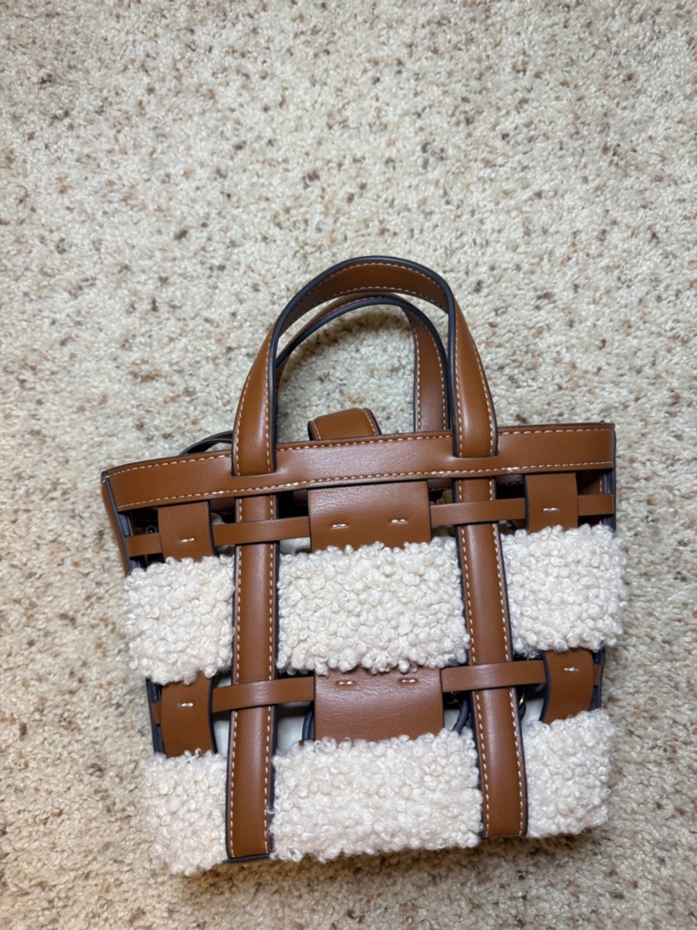 Zara Brown Leather & Cream Shearling Woven Mini Tote